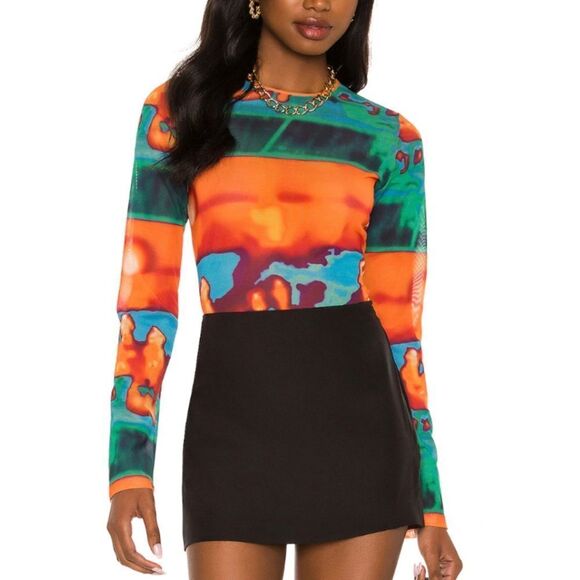 Miaou Long Sleeve Tee mesh print ThermalGreen Orange Fitted Blouse Revolve M